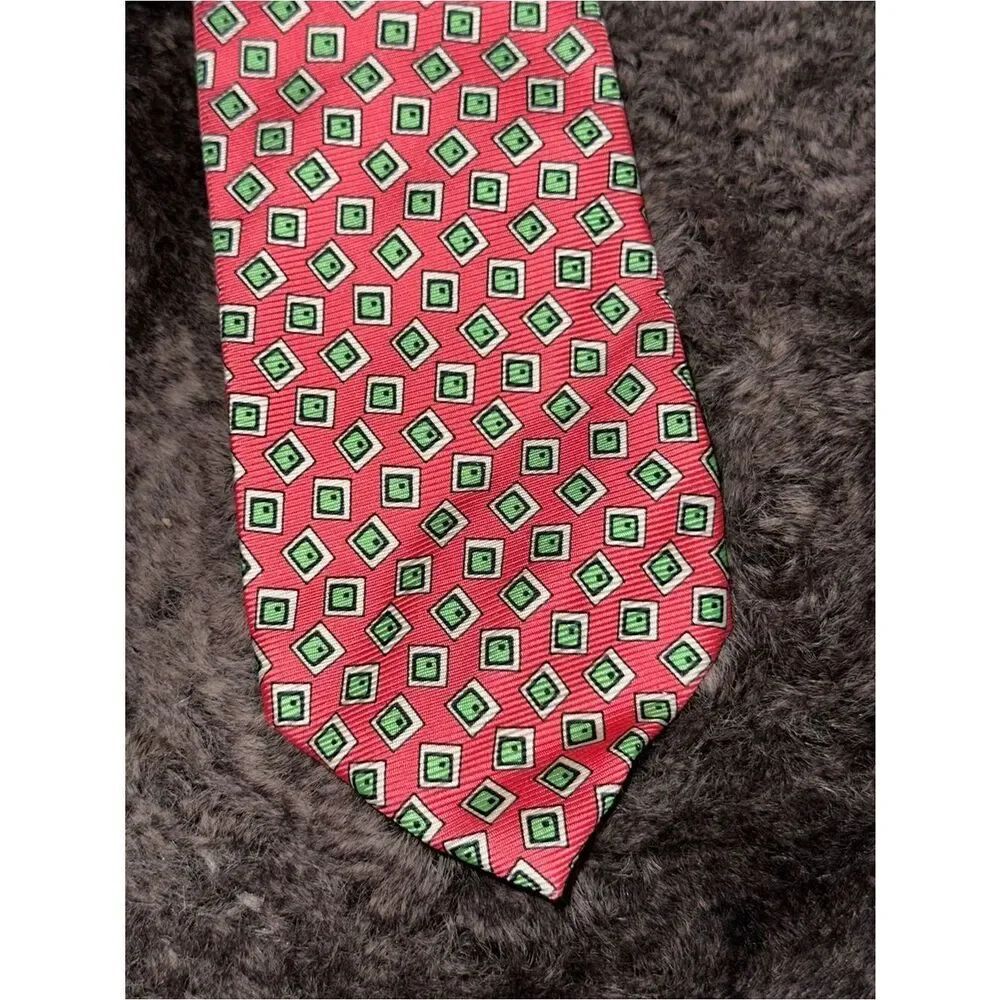 Polo By Ralph Lauren Red Green Geometric Novelty Print Silk Tie OS Made In Italy - Picture 2 of 5